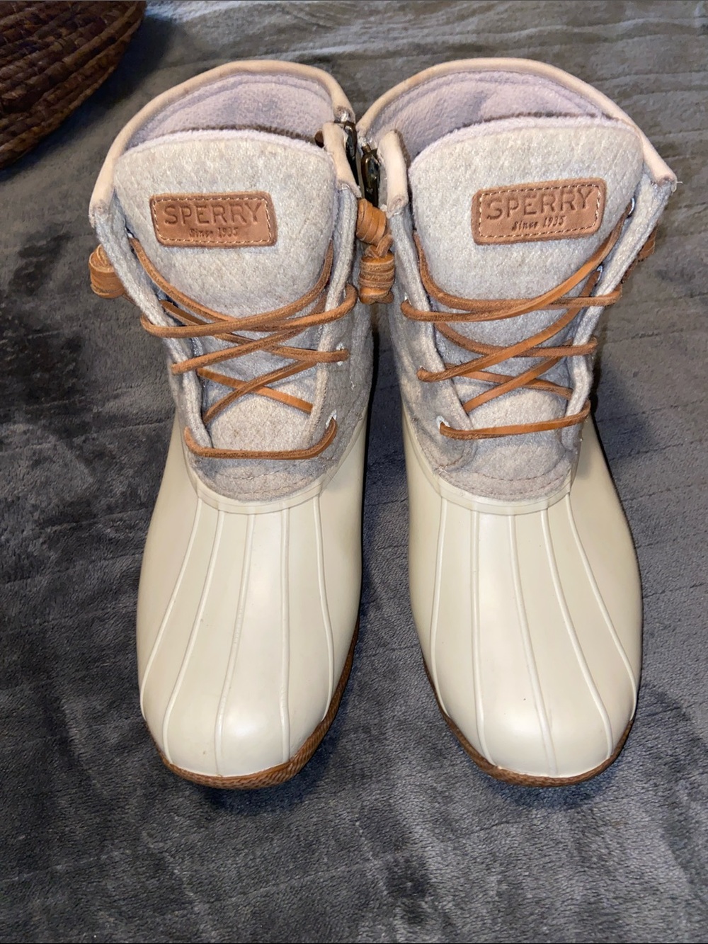 Sperry Cream & Light Gray Waterproof Duck Boots with Tan Accents